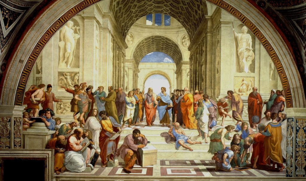 Rafael Santi, Causarum Cognitio, późniejszy tytuł Szkoła Ateńska, https://pl.wikipedia.org/wiki/Szkoła_Ateńska https://pixabay.com/en/fresco-mural-school-of-athens-67667/