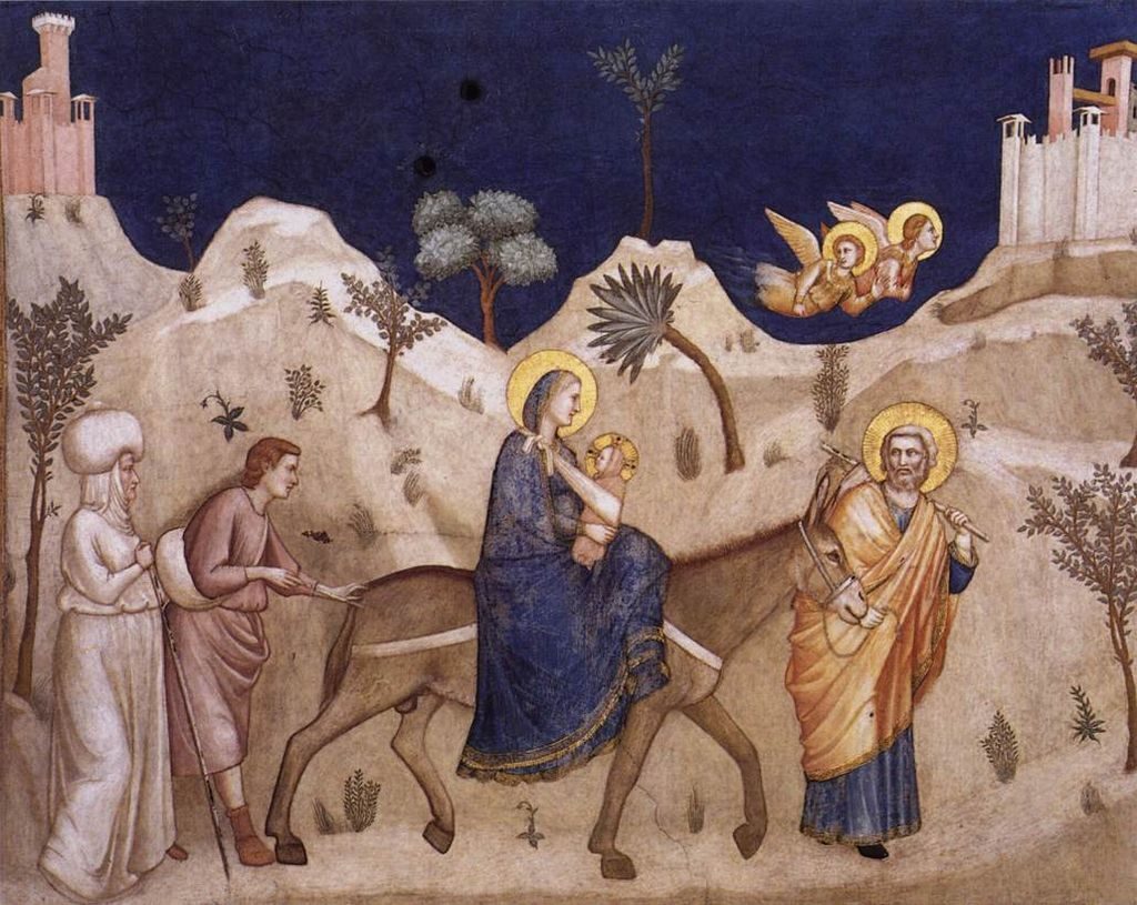 "Ucieczka do Egiptu", Giotto di Bondone (1226-1337), fresk, Bazylika św. Franciszka w Asyżu. Z otwartego archiwum Wikimedia Commons https://commons.wikimedia.org/wiki/File:Flight_into_Egypt_assisi.jpg