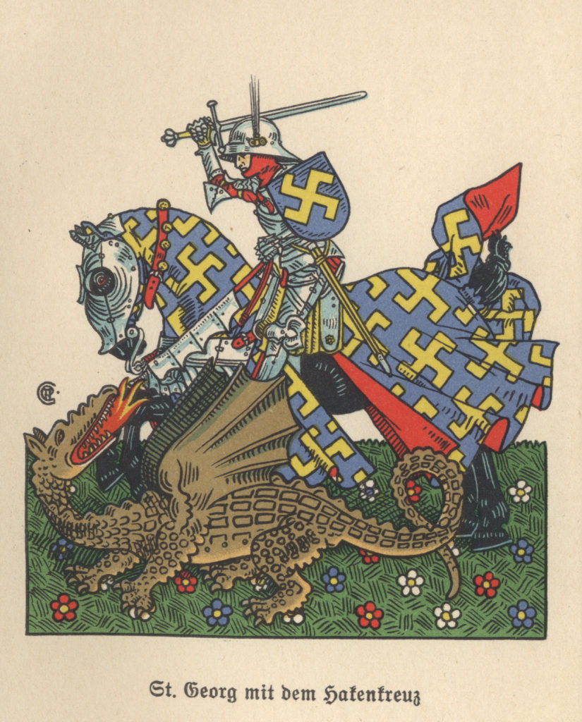 "Święty Jerzy ze sfastyką" , ulotka zachęcająca do wykładów na temat heraldyki, Görlitz 1937. Z otwartego archiwum Wikimedia Commons https://commons.wikimedia.org/wiki/File:Closs_St_Georg_mit_Hakenkreuz.jpg