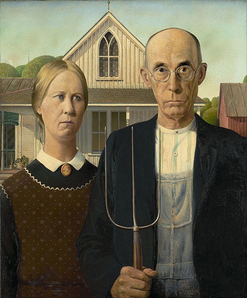 Grant Wood "American Gothic", 1930. Z otwartego archiwum Wikipedii https://en.wikipedia.org/wiki/File:Grant_Wood_-_American_Gothic_-_Google_Art_Project.jpg